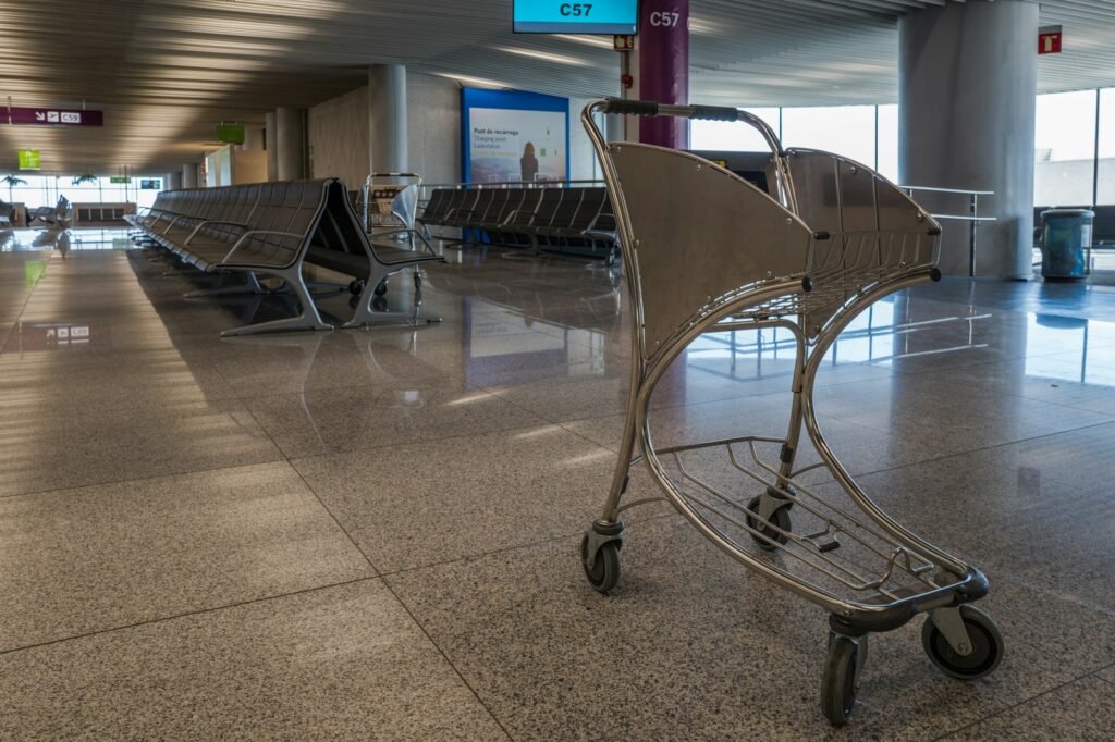 Luggage cart in an airport waiting area